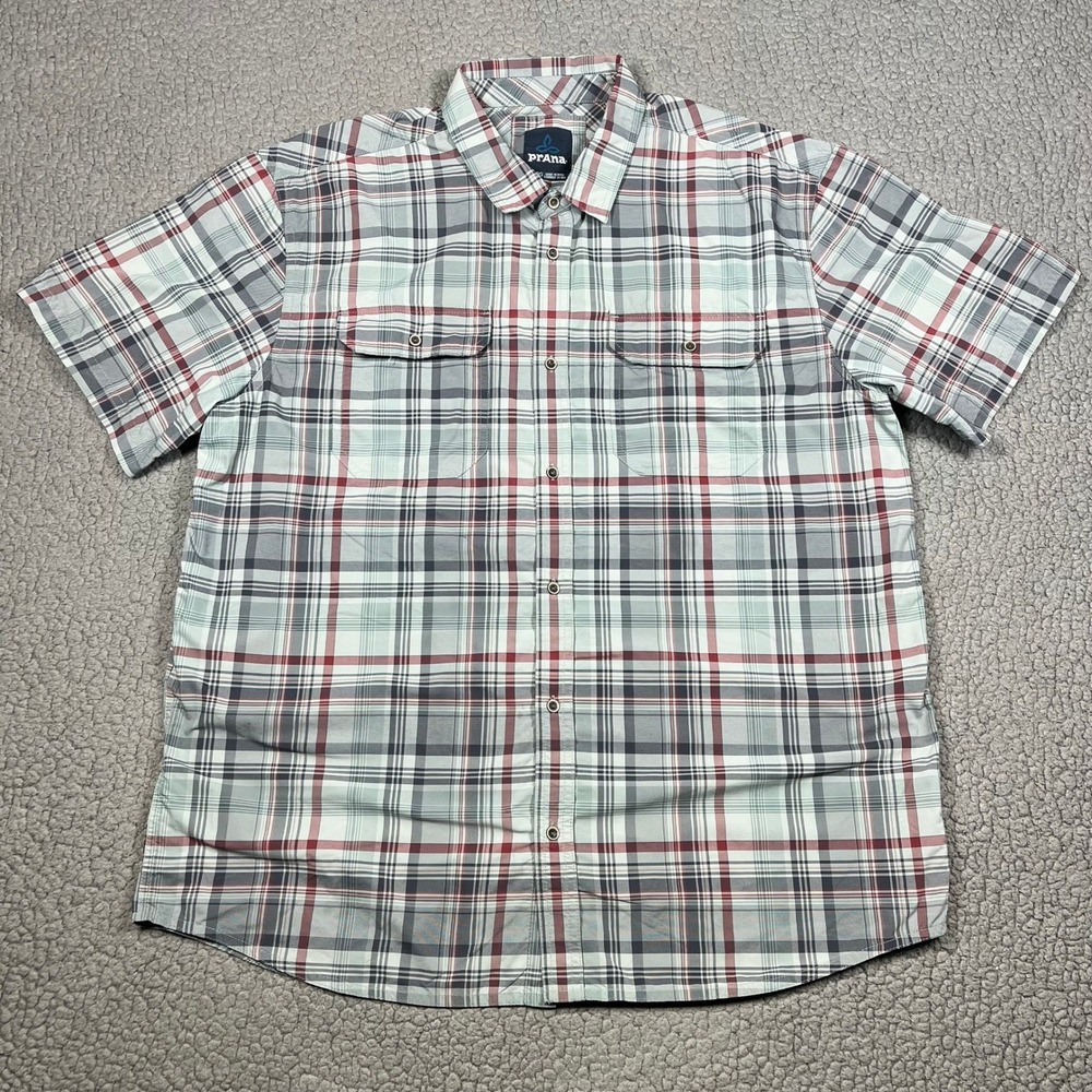 Prana Mens XL Short Sleeve Plaid Button Down Hiking Shirt Green Red Nylon 5397